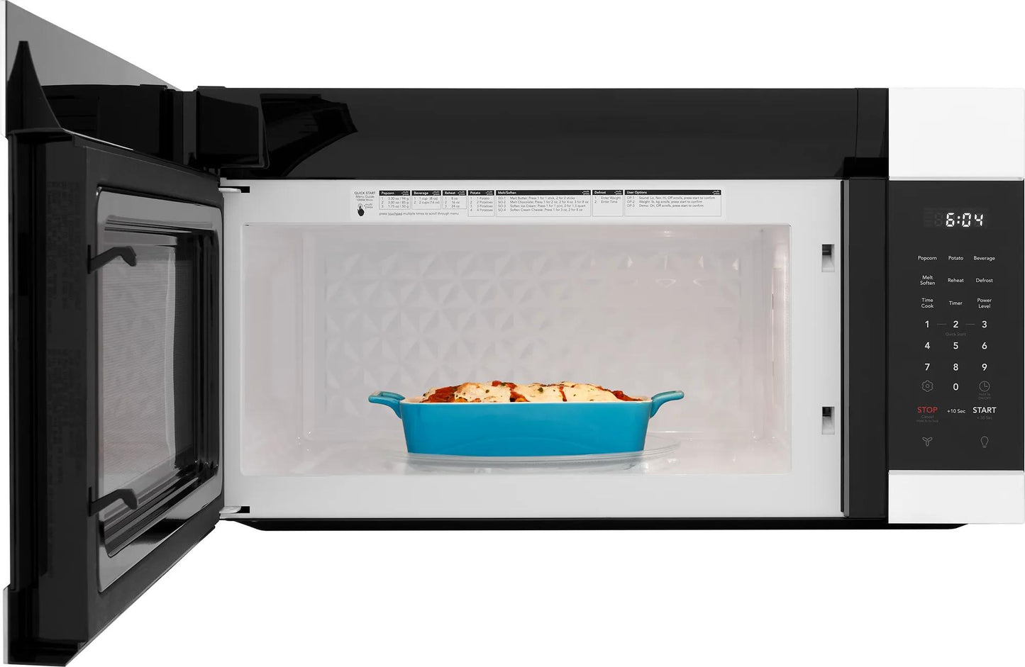 Open black and white microwave from microwaves collection at Hartville Hardware with blue dish inside heating food