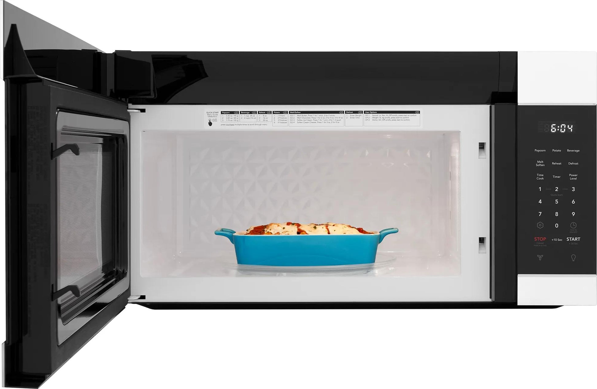 Open black and white microwave from microwaves collection at Hartville Hardware with blue dish inside heating food