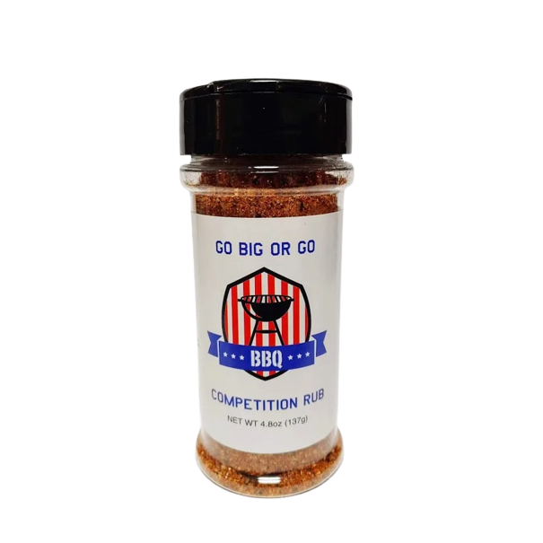 Clear plastic bottle of Go Big or Go BBQ Competition rub with black lid for grilling and outdoor living use