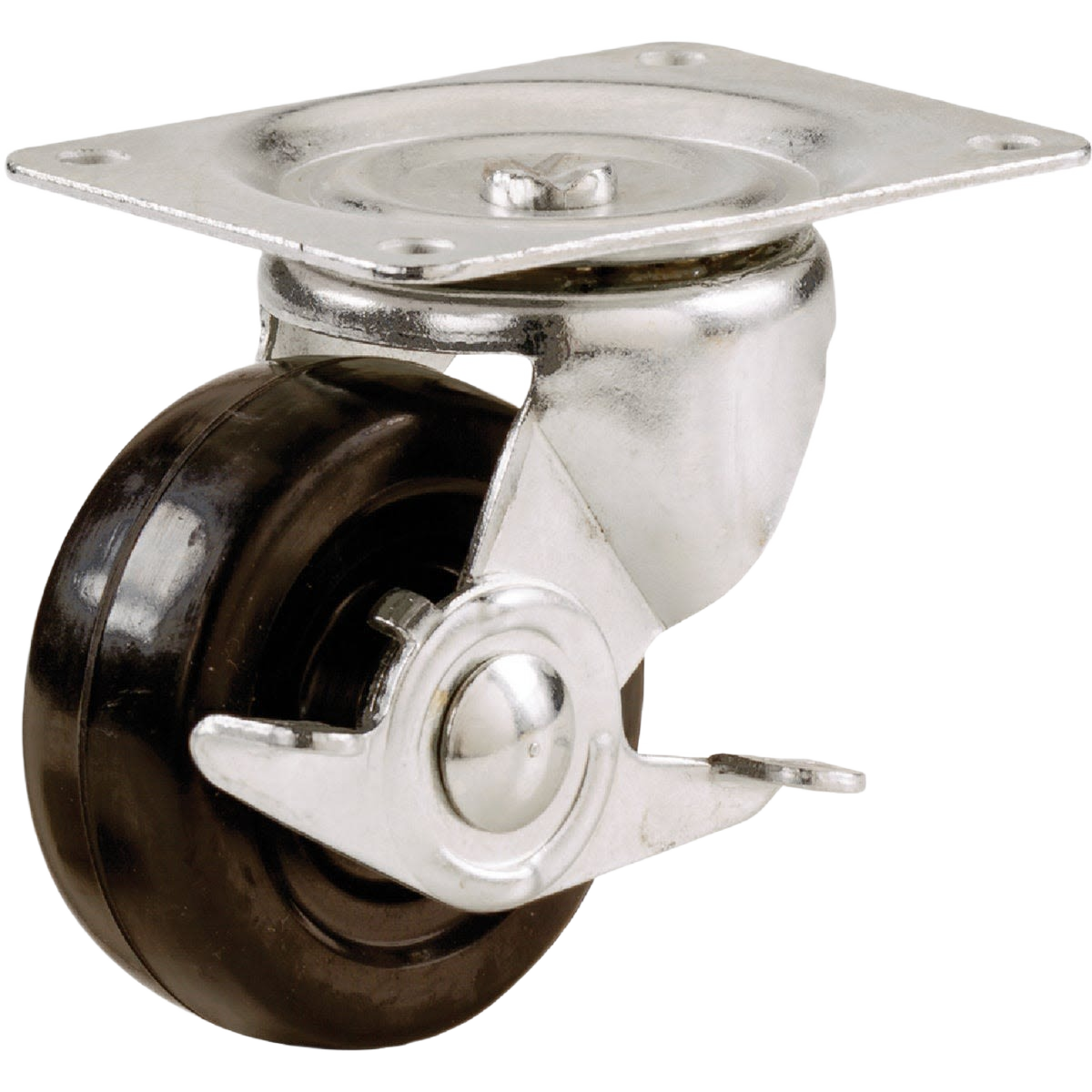 Metal swivel plate caster with black rubber wheel and brake for furniture hardware and home improvement projects