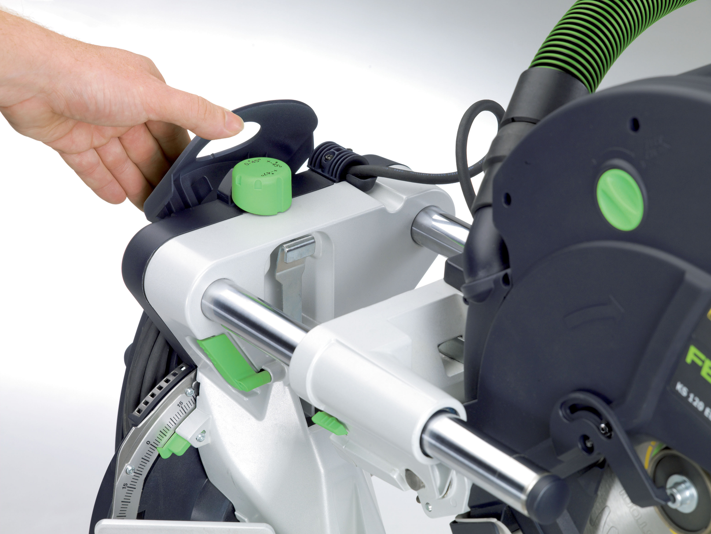 Hand adjusting control knob on sliding compound miter saw in Festool Power Tools and Saws collection