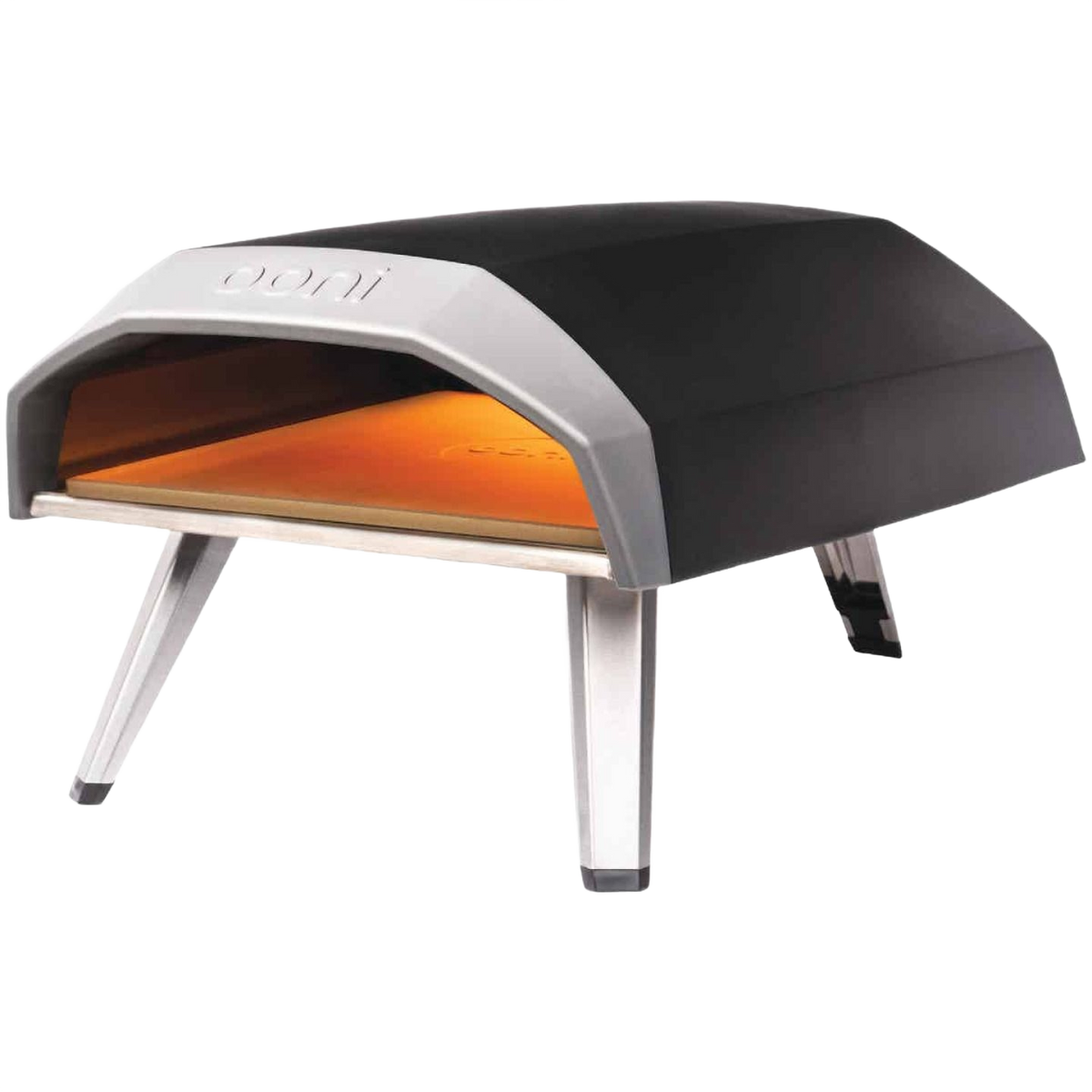 Black and silver portable gas pizza oven with legs for outdoor living and grilling in portable grills collection