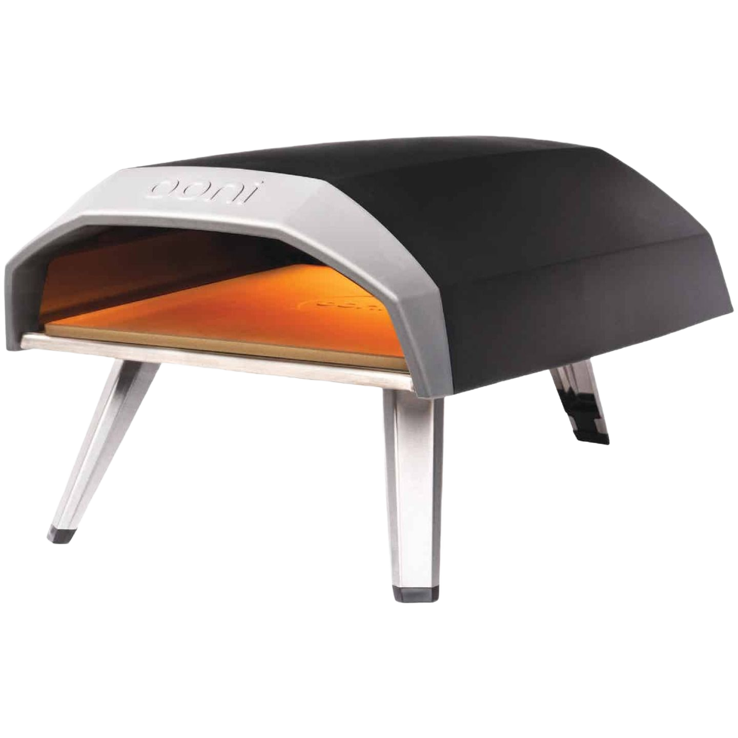 Black and silver portable gas pizza oven with legs for outdoor living and grilling in portable grills collection