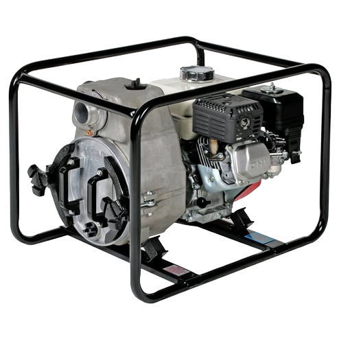Compact engine-powered utility pump with black protective frame and silver housing, designed for plumbing and rental equipment at Hartville Hardware.