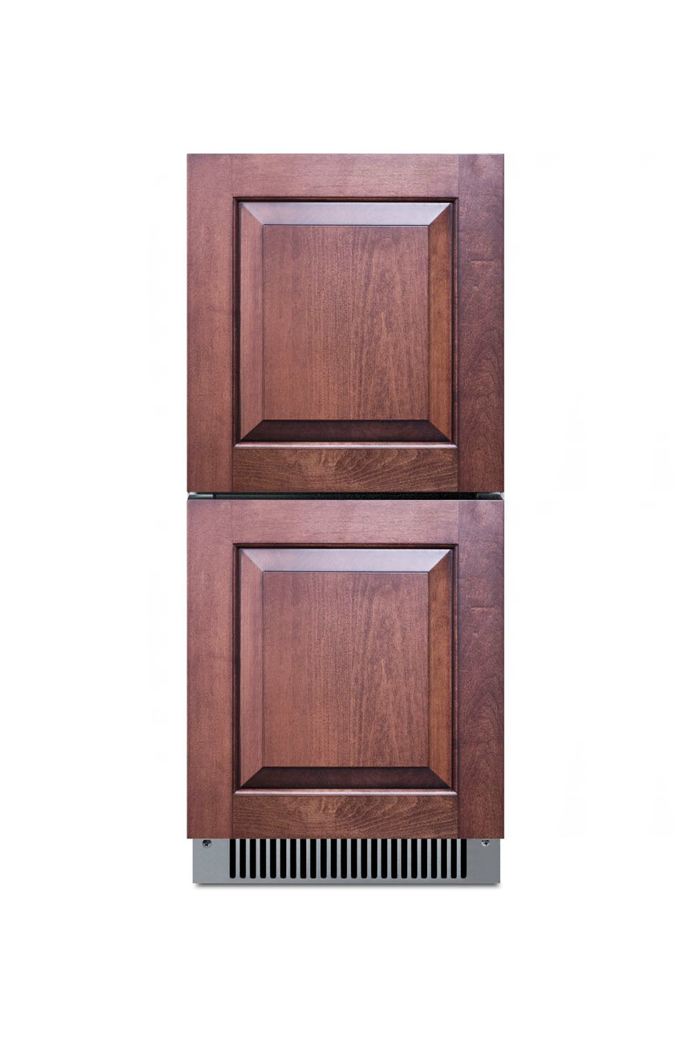 Two-drawer refrigerator with wooden cabinet-style fronts and integrated vent for kitchen and home improvement projects