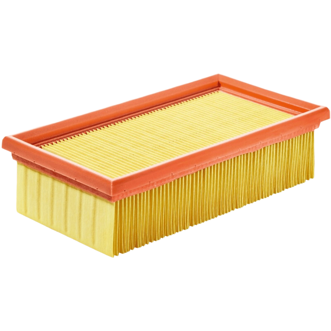 Rectangular panel filter with orange rubber frame and pleated yellow filtering media for tools and home improvement use