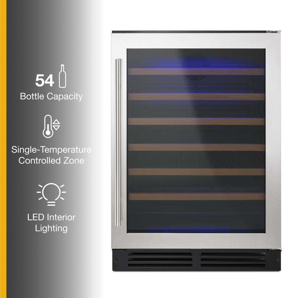 Stainless steel undercounter wine cooler with glass door, wooden shelves, LED lighting, and 54 bottle capacity for kitchens