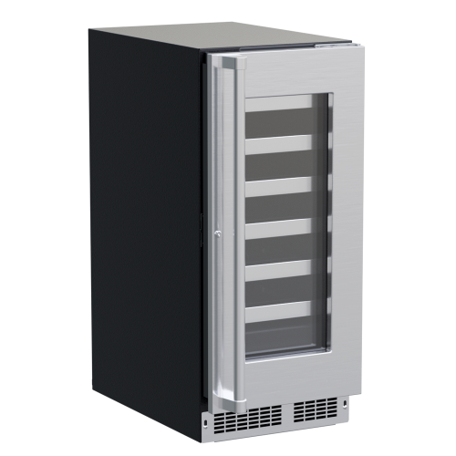15-inch built-in single zone wine refrigerator with stainless steel frame and glass door from kitchen appliances collection