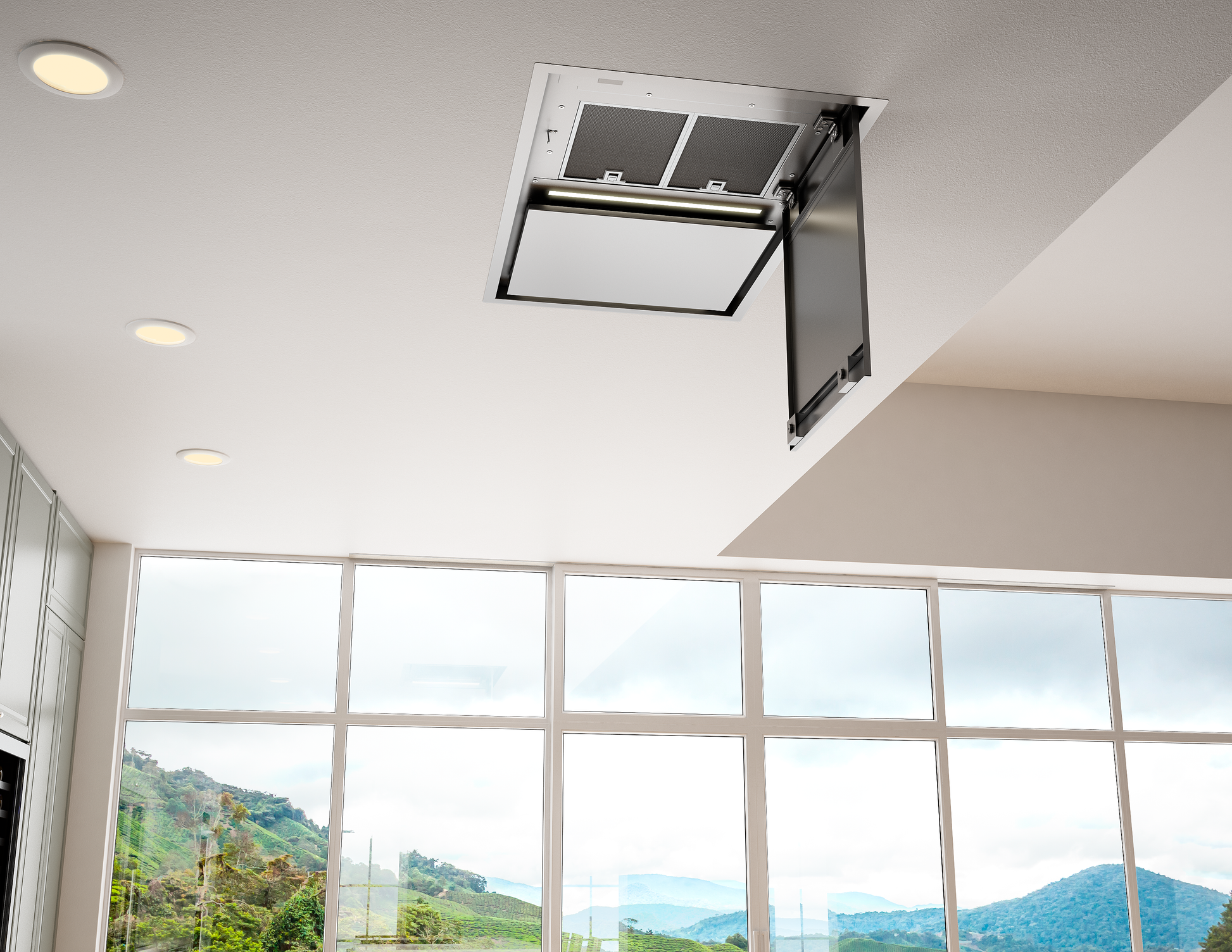 Built-in white recessed range hood body with LED lighting and open access panel installed in a kitchen ceiling, part of Range Hoods and Kitchen & Kitchenware collections.