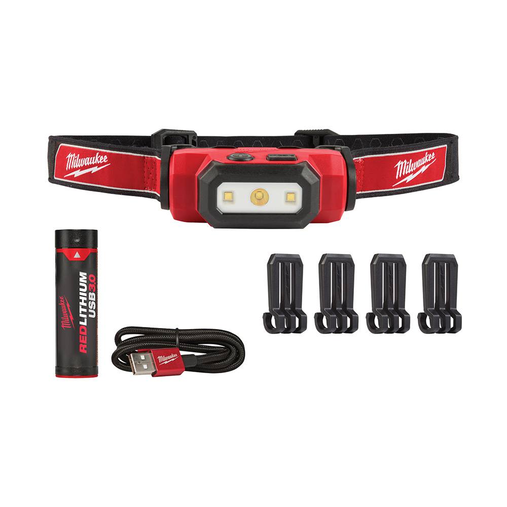 Red rechargeable LED headlamp with adjustable strap, battery, USB cable, and mounting clips for hands-free use