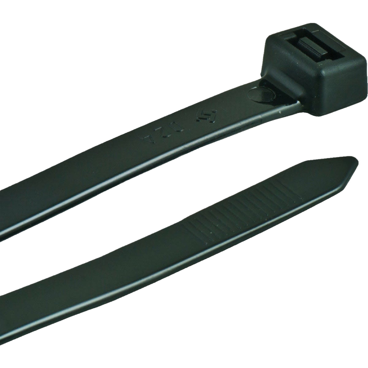 Black heavy-duty cable tie with ridged strap and locking head for securing wires in home improvement projects