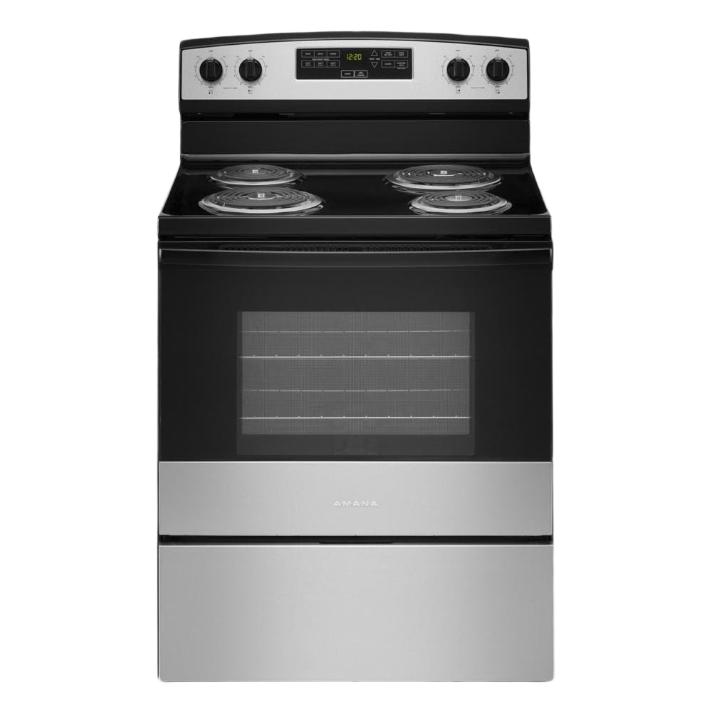30-inch electric range with four coil burners, digital controls, and stainless steel accents in kitchen appliances collection