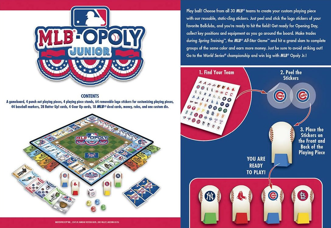 MLB-themed junior board game with reusable team stickers, game pieces, and a colorful game board in toys and games collection