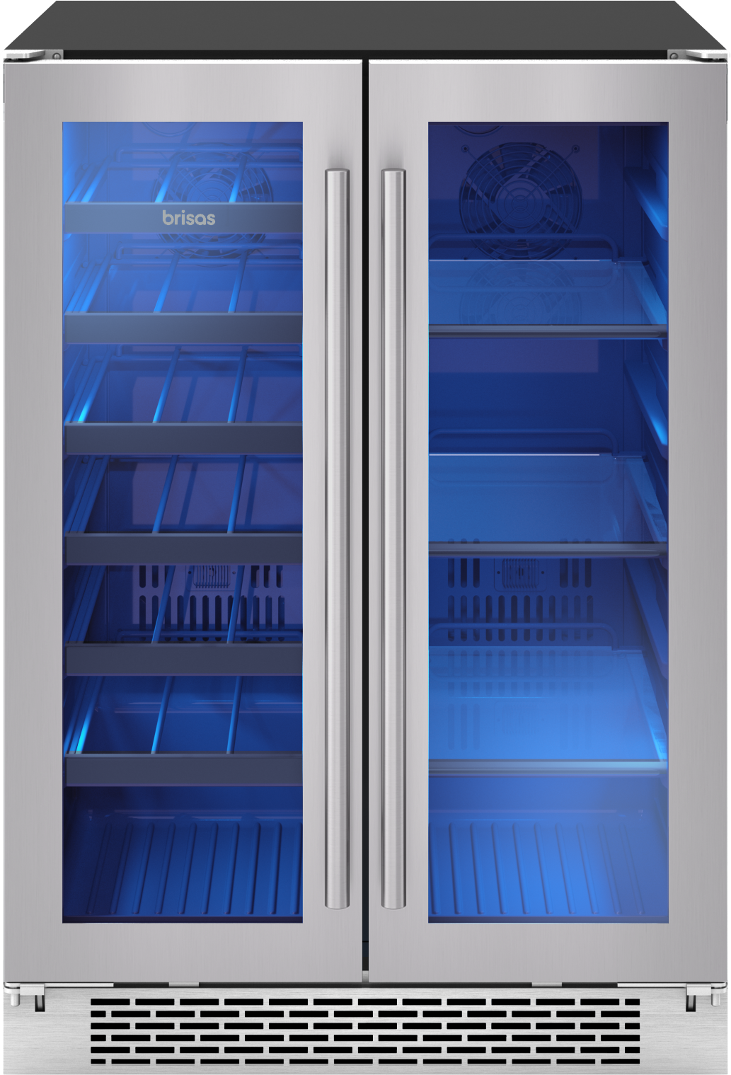 Stainless steel dual-zone beverage cooler with French doors and blue interior lighting for modern kitchens and appliances collections