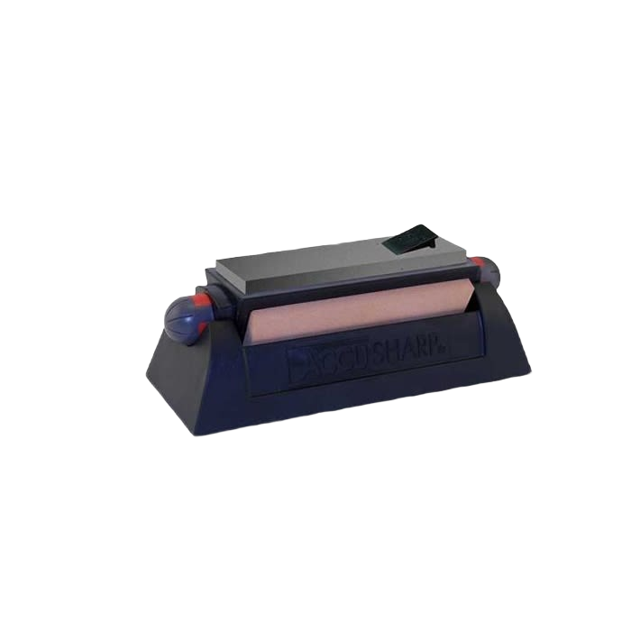 Compact tri-stone knife sharpening system with black base and replaceable sharpening stones for home improvement tools