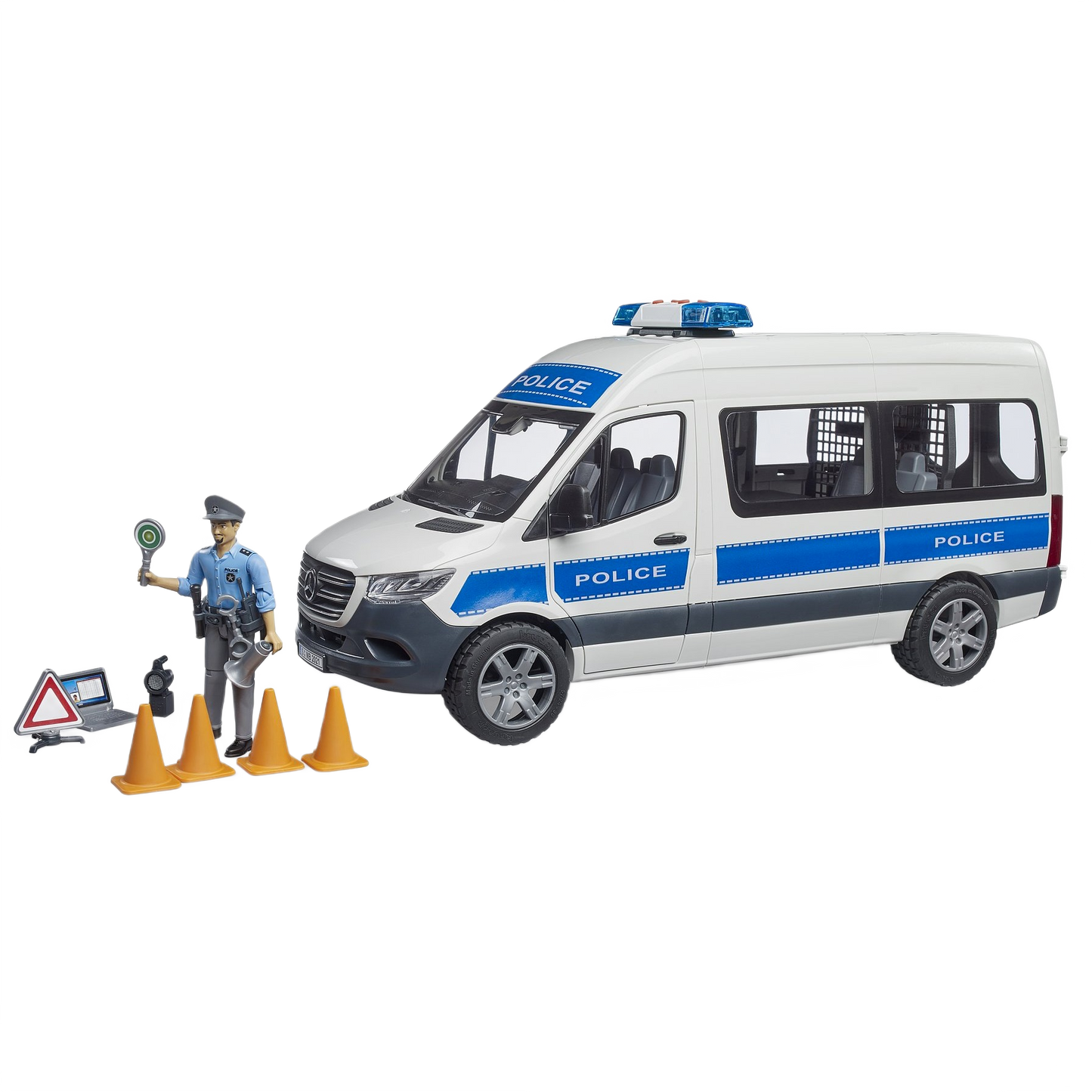 White and blue police emergency van toy with officer figure, traffic cones, and road safety accessories