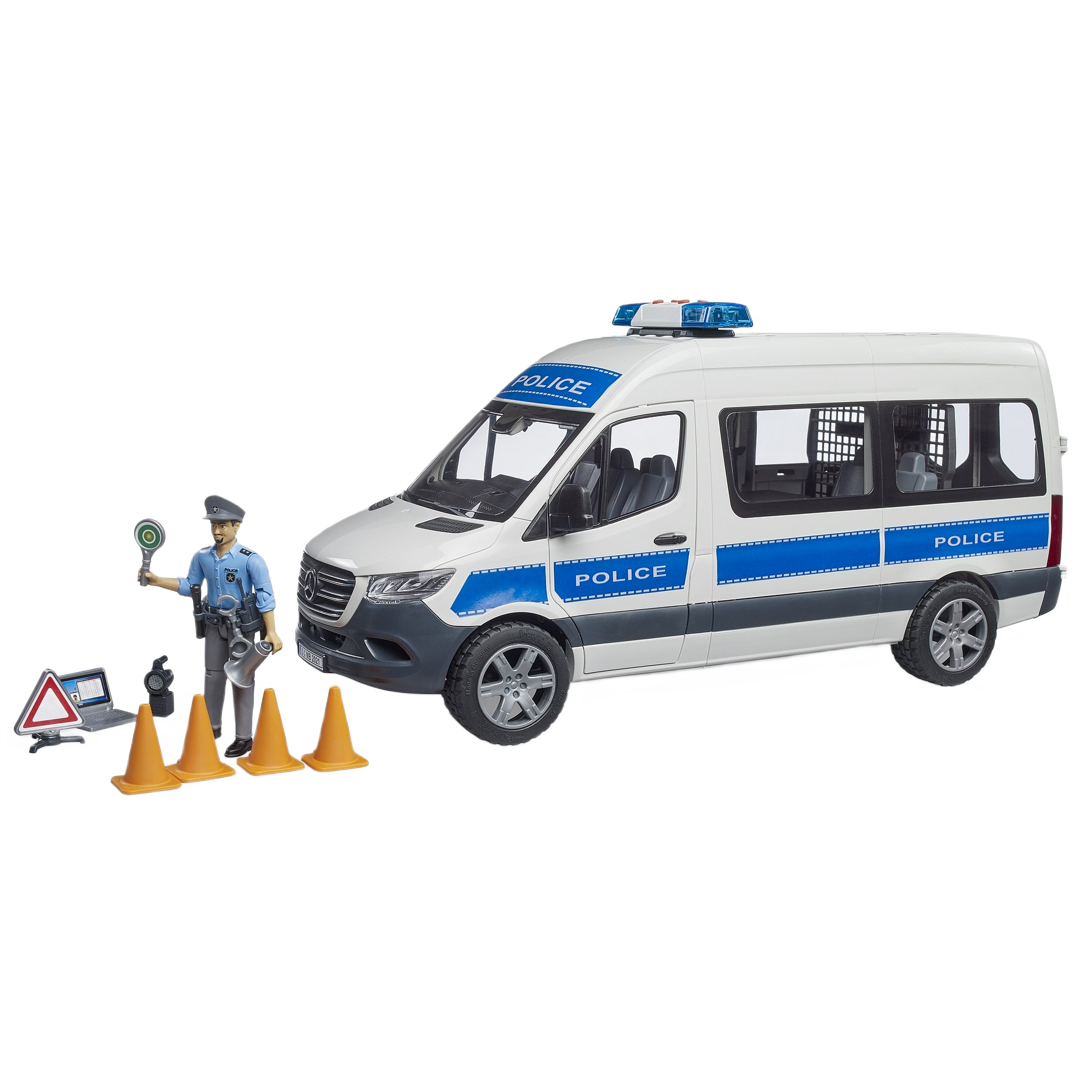 White and blue police emergency van toy with officer figure, traffic cones, and road safety accessories