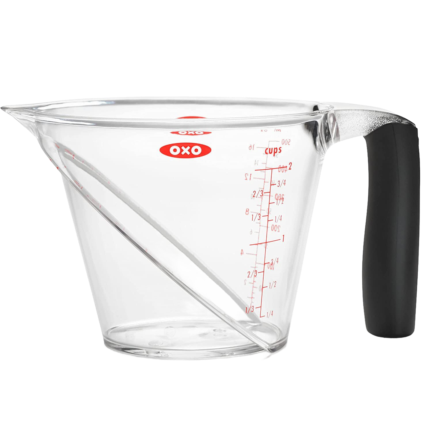 Clear plastic angled measuring cup with red measurement markings and black ergonomic handle for kitchenware collections under $50