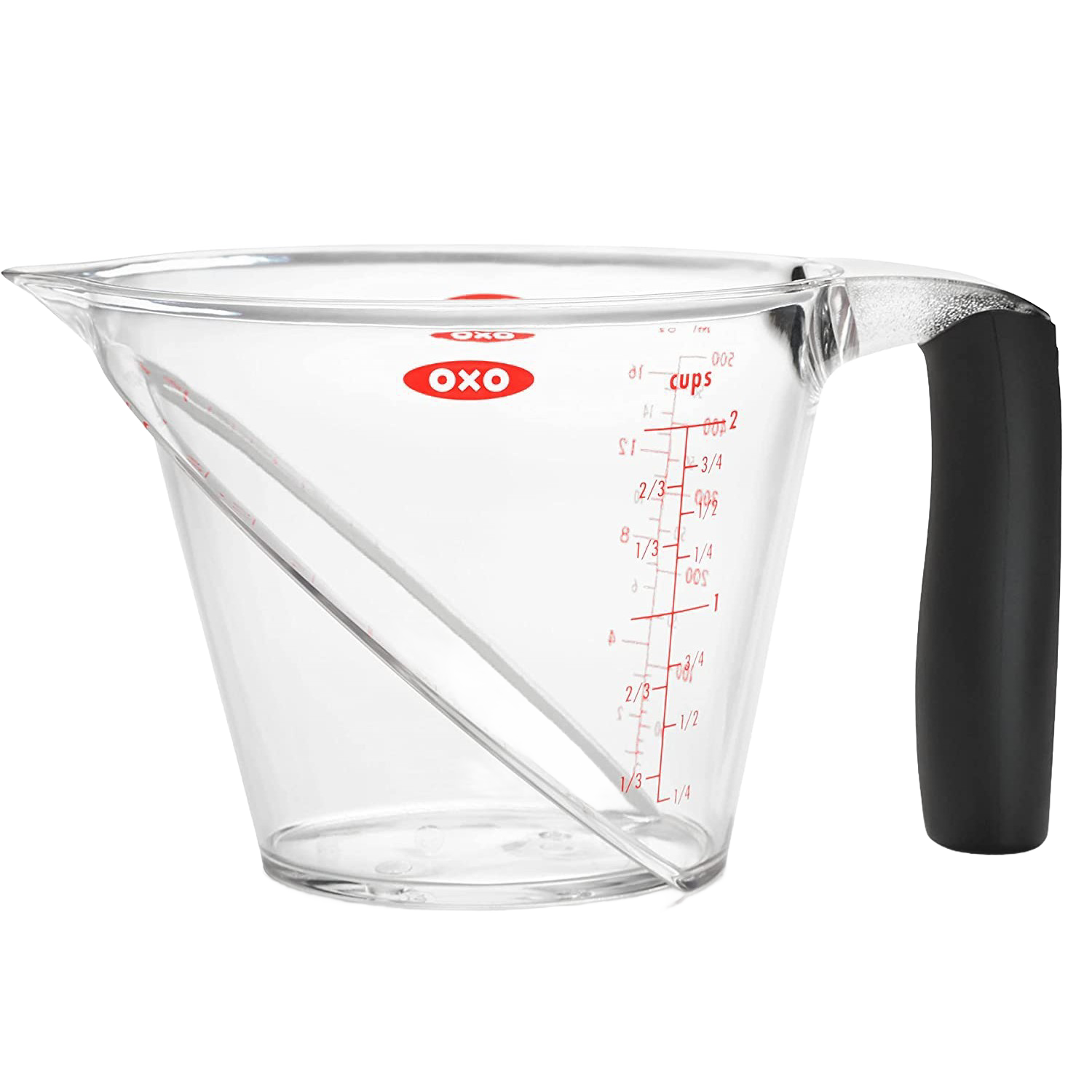 Clear plastic angled measuring cup with red measurement markings and black ergonomic handle for kitchenware collections under $50