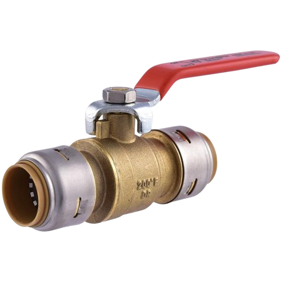 Brass push-fit ball valve with red lever handle for plumbing, pipes, and fittings in home improvement collections