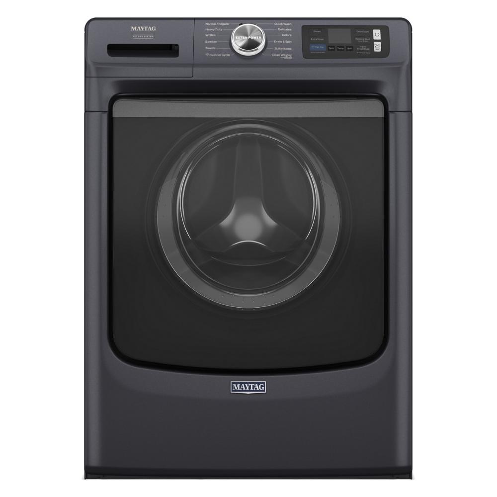 Dark gray front load washer with digital control panel and large tinted window in Front Load Washers at Hartville Hardware