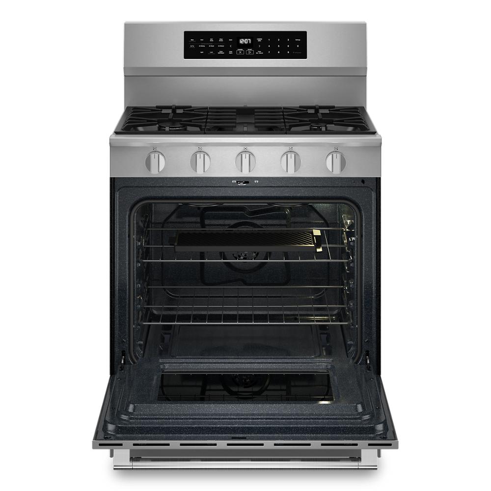 30-inch stainless steel gas range with five burners and open oven door showing interior racks from Ranges collection
