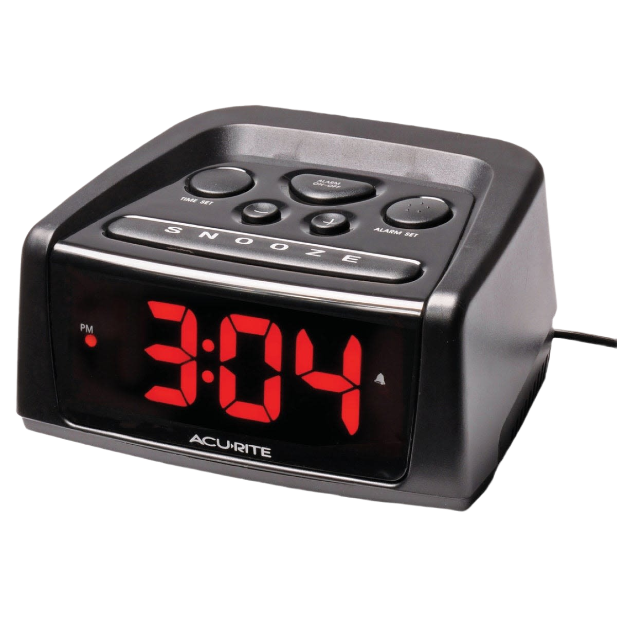 Compact black electric alarm clock with large red digital display and top snooze button for home use