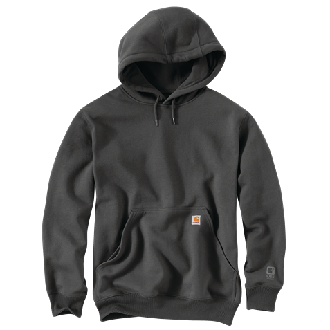 Men’s charcoal heavyweight loose fit hoodie with adjustable hood, front pouch pocket, and durable water repellent finish, part of Carhartt Clothing & Shoes collection at Hartville Hardware.