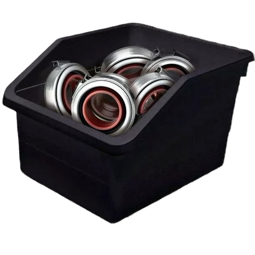 Black heavy-duty polypropylene bin holding metal parts for garage storage and countertop organization collections