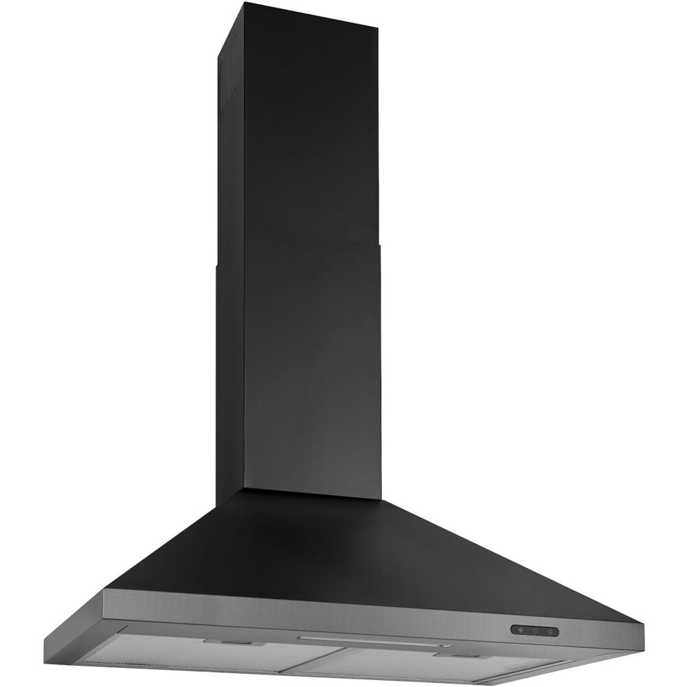 Black stainless steel pyramidal chimney range hood with 3-speed blower and LED lighting for kitchen appliances collection