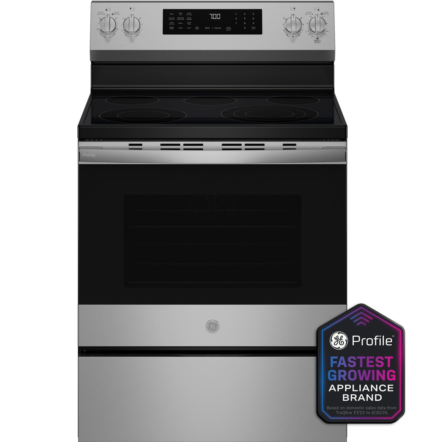 Stainless steel smart free-standing electric range with smooth cooktop and digital control panel in ranges collection