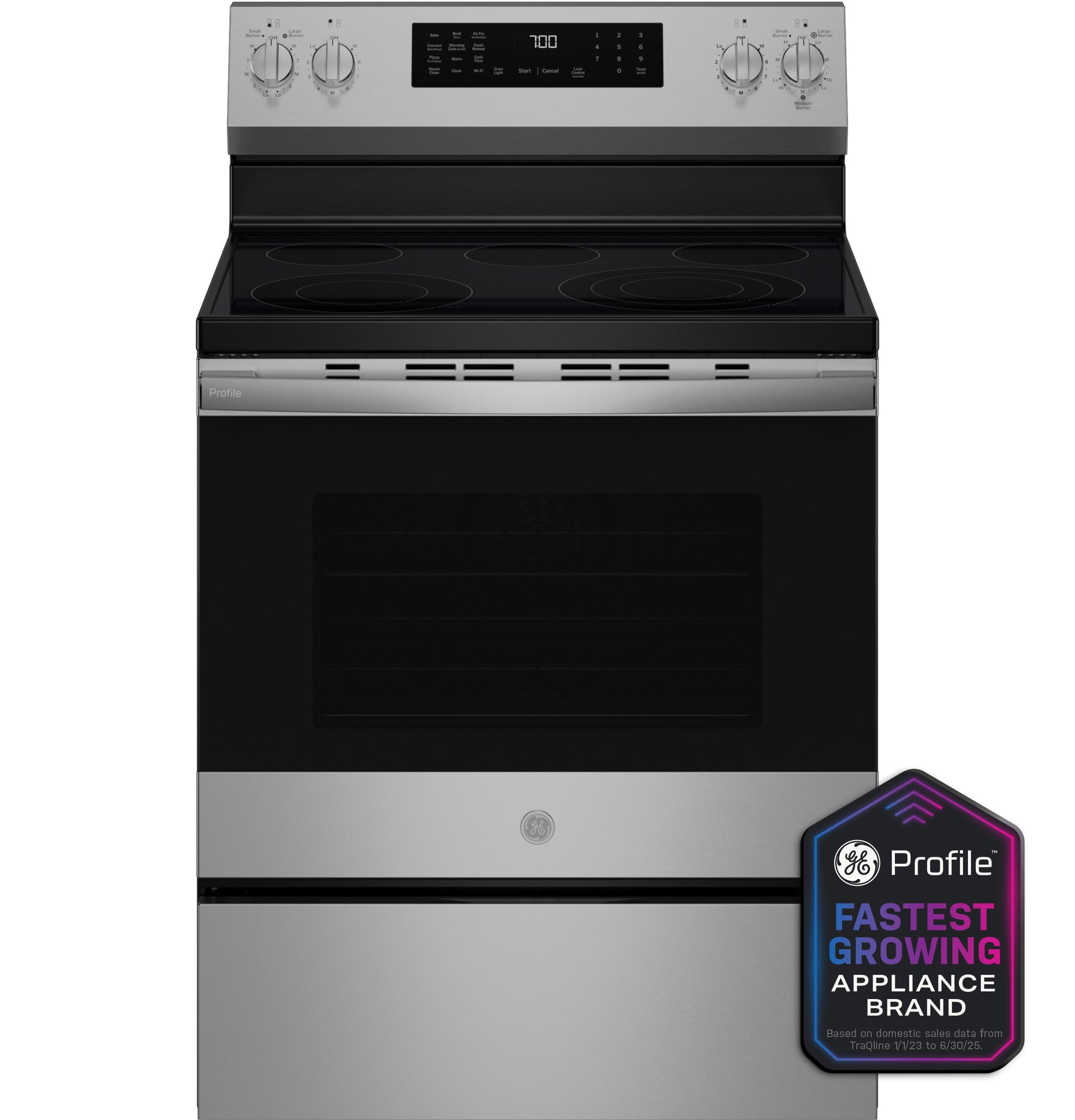 Stainless steel smart free-standing electric range with smooth cooktop and digital control panel in ranges collection