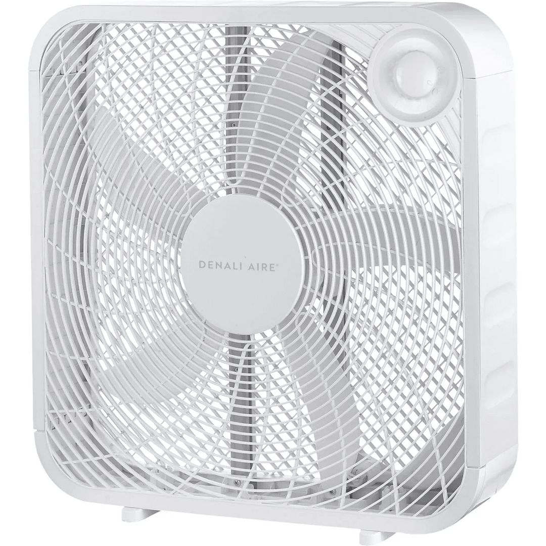 White 20-inch box fan with three-speed control knob and protective grille for home cooling under $50 collection