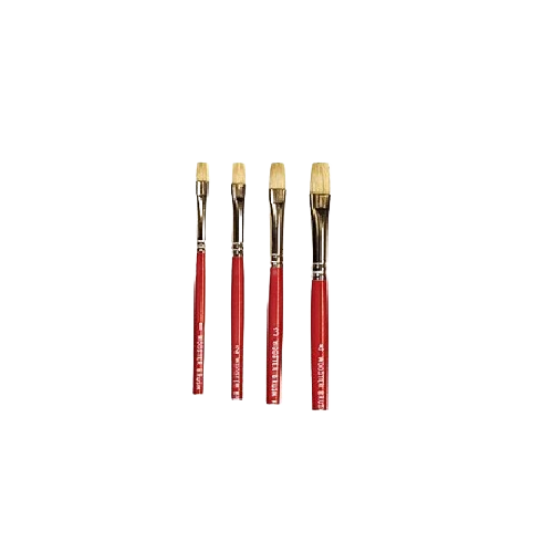 Set of four flat artist brushes with white bristles and red wooden handles for painting and home improvement projects