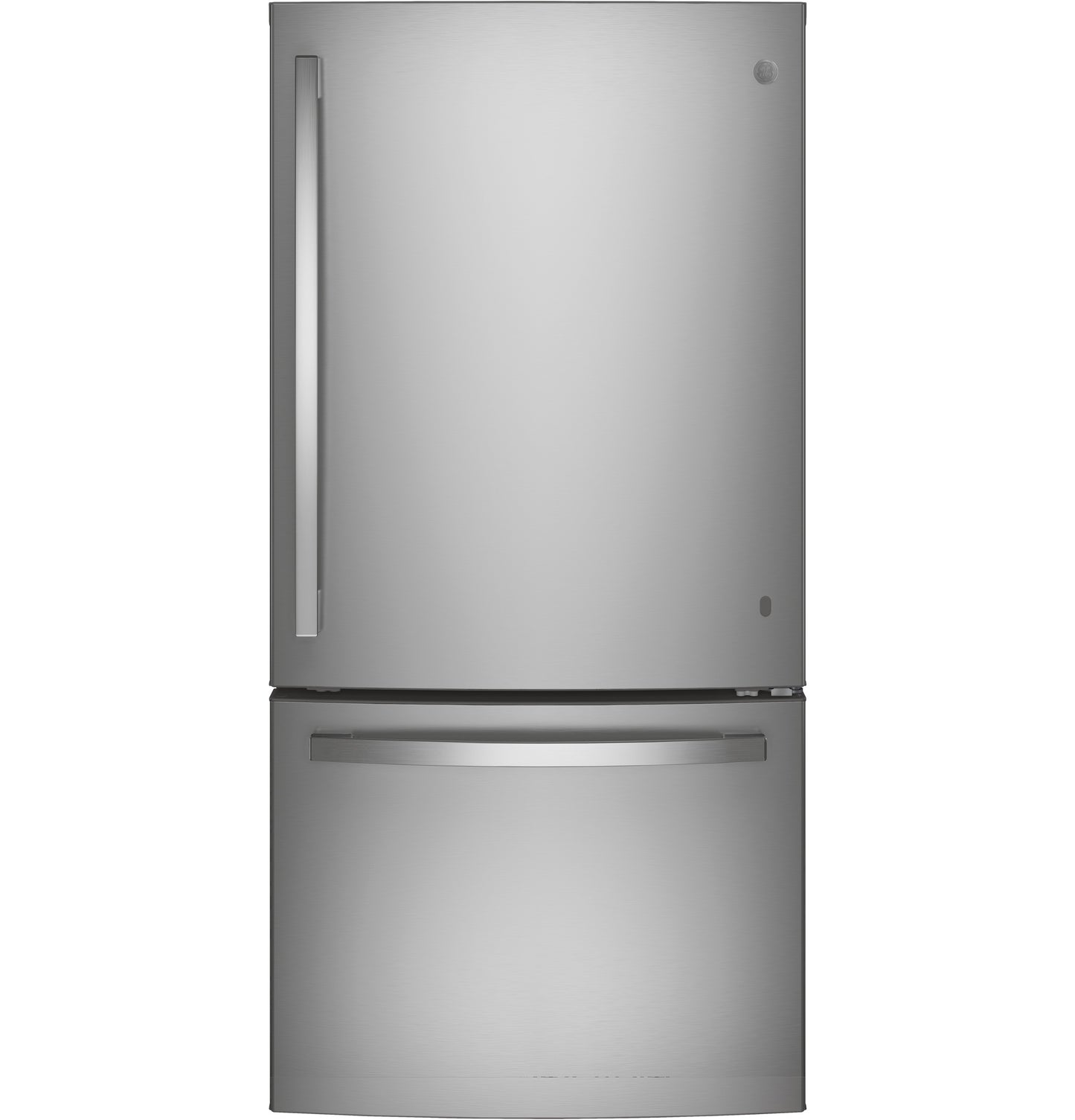Stainless steel bottom-freezer refrigerator with sleek vertical handles in kitchen appliances and refrigerator collection
