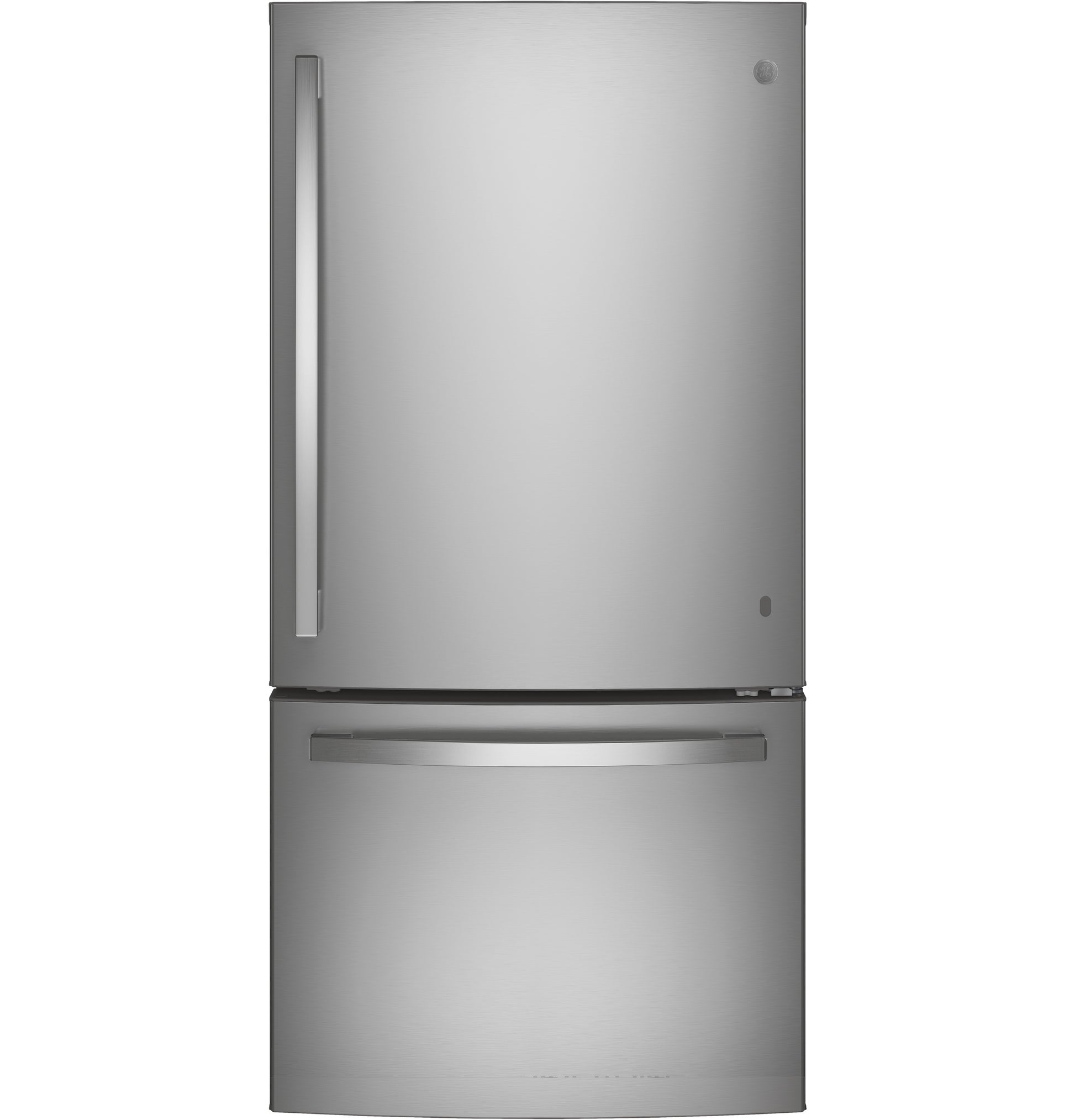 Stainless steel bottom-freezer refrigerator with sleek vertical handles in kitchen appliances and refrigerator collection