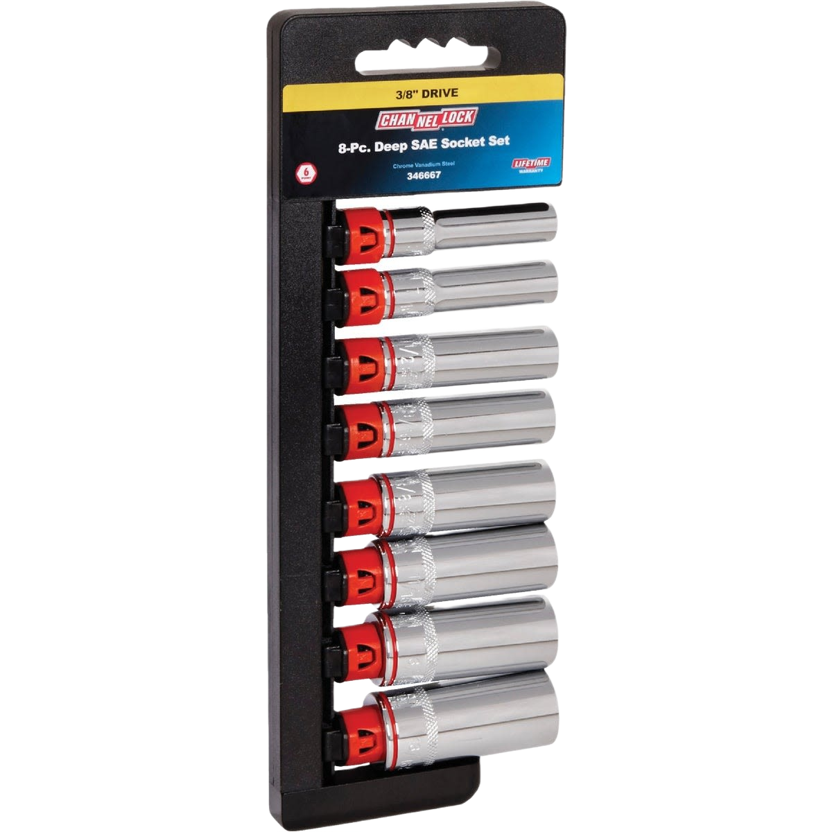 8-piece 3/8-inch drive deep socket set with color-coded bands for easy SAE and Metric size identification in hand tools collection