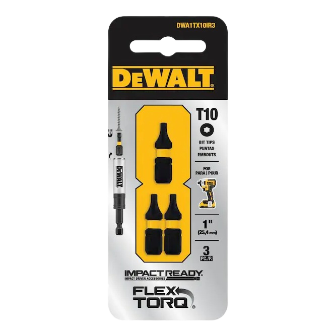 Set of three 1-inch T10 impact-ready FlexTorq bits for power tool accessories in yellow and black packaging