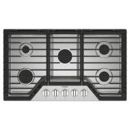 36-inch gas cooktop with five burners, stainless steel surface, EZ-2-Lift cast-iron grates, and control knobs for kitchen appliances