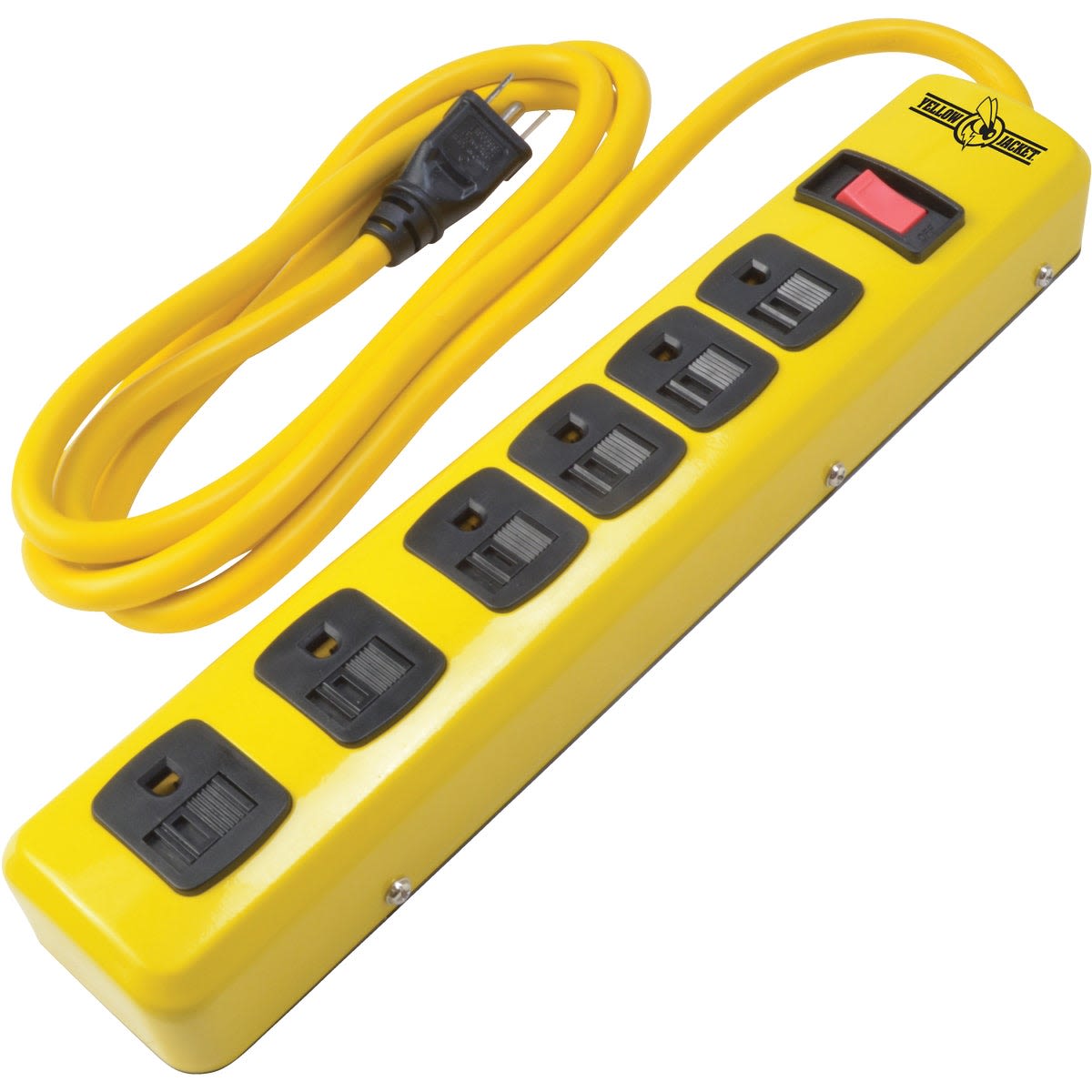Yellow metal multi-outlet power strip with six outlets and red on/off switch for home improvement tools