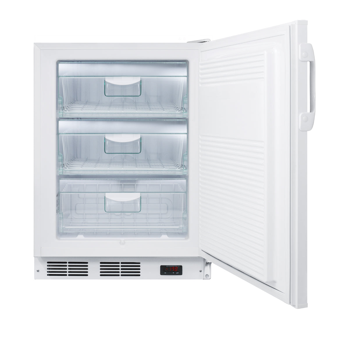 White 24-inch wide all-freezer with open door showing three clear storage drawers from Freezers & Ice Makers collection