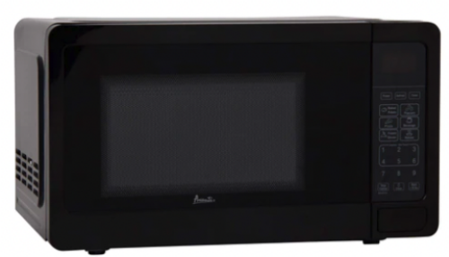 Compact black microwave oven with digital keypad and window, ideal for small spaces in kitchen appliances and microwaves collection