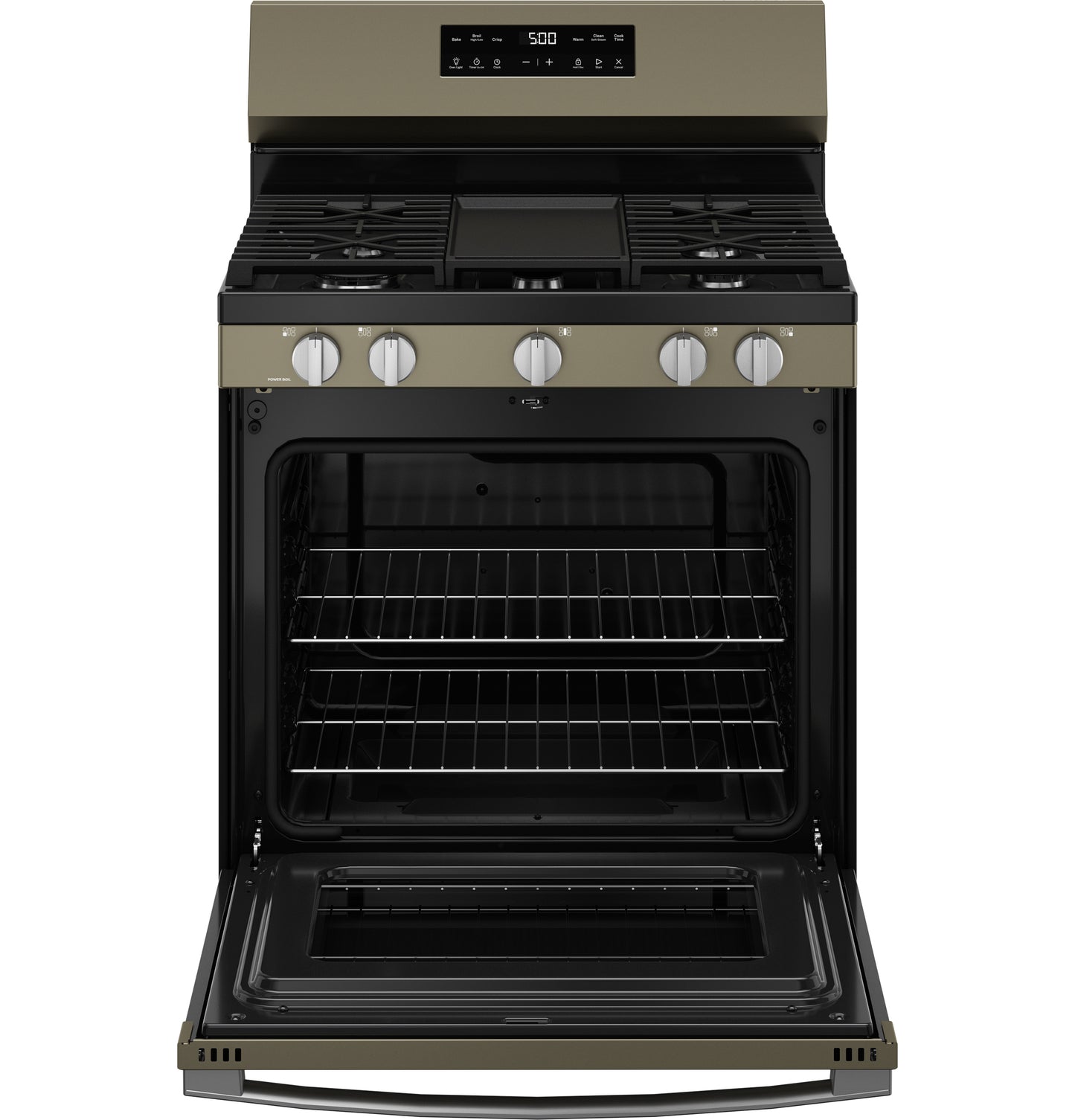 Front view of open gas range with five burners, digital controls, and two oven racks for kitchen appliance collections