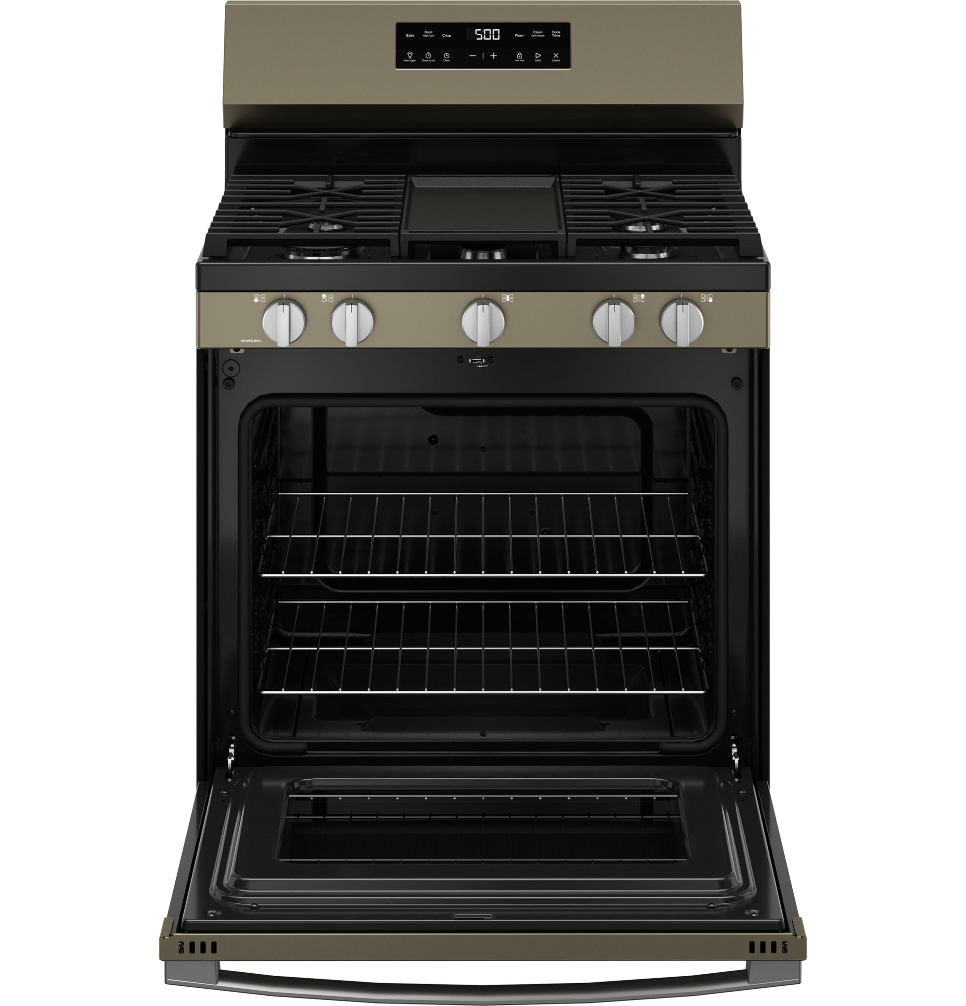 Front view of open gas range with five burners, digital controls, and two oven racks for kitchen appliance collections
