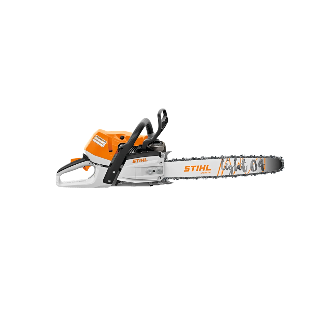 Orange and grey STIHL chainsaw with magnesium piston and 20-inch cutting bar for tools and home improvement.