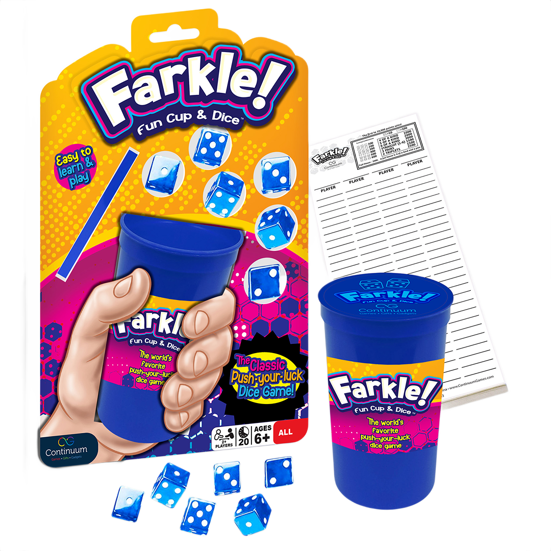 Blue dice game set with cup, score sheets, and packaging for ages 6 and up in toys and games collection under $25