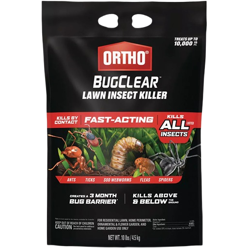 Black and red bag of Ortho BugClear fast-acting lawn insect killer for outdoor pest control in lawn and garden care