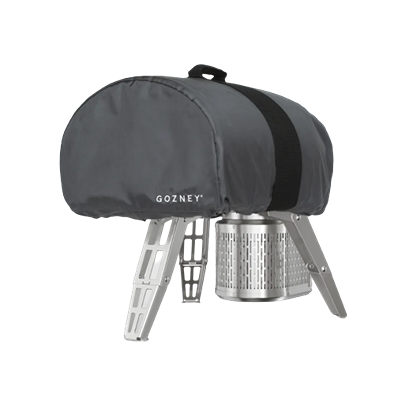 Protective weather-resistant cover in dark gray with black strap designed for outdoor pizza ovens and home improvement use
