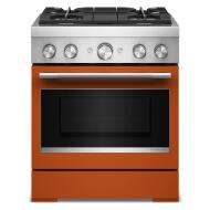 Front view of orange stainless steel dual fuel range with four burners and large oven door in kitchenware setting