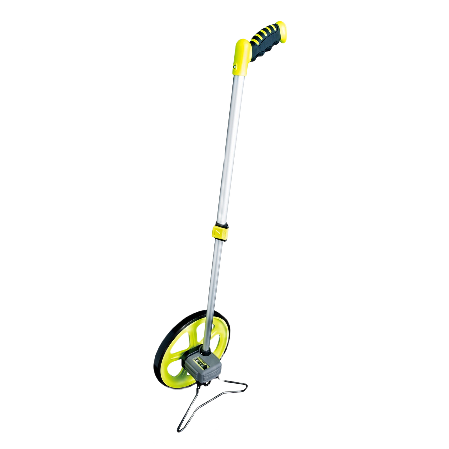 Measuring wheel with yellow and black ergonomic handle, aluminum shaft, and gear-driven counter, designed for precise distance measuring in rental hand tools at Hartville Hardware.